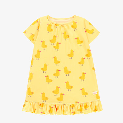 Robe de nuit jaune à motifs de canards en jersey doux, enfant || Yellow night dress with duck all over print in soft jersey, child