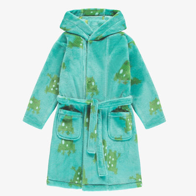 Robe de chambre bleue à motifs de grenouilles en peluche, enfant || Blue plush dressing gown with frog all over print, child