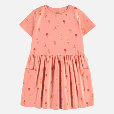 Robe manches courtes rose avec motif de crèmes glacées en coton, enfant || Pink short sleeved dress with ice cream print in cotton, child