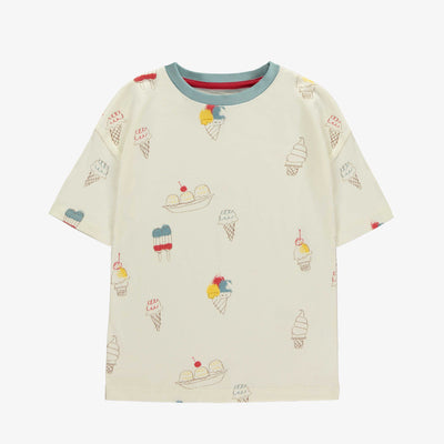 T-shirt à manches courtes crème avec motif de crèmes glacées, enfant || Cream short sleeves t-shirt with ice cream print, child