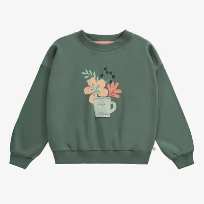 Chandail manches longues de coupe ample vert avec illustration, enfant || Green long sleeves loose fit sweater with illustration, child