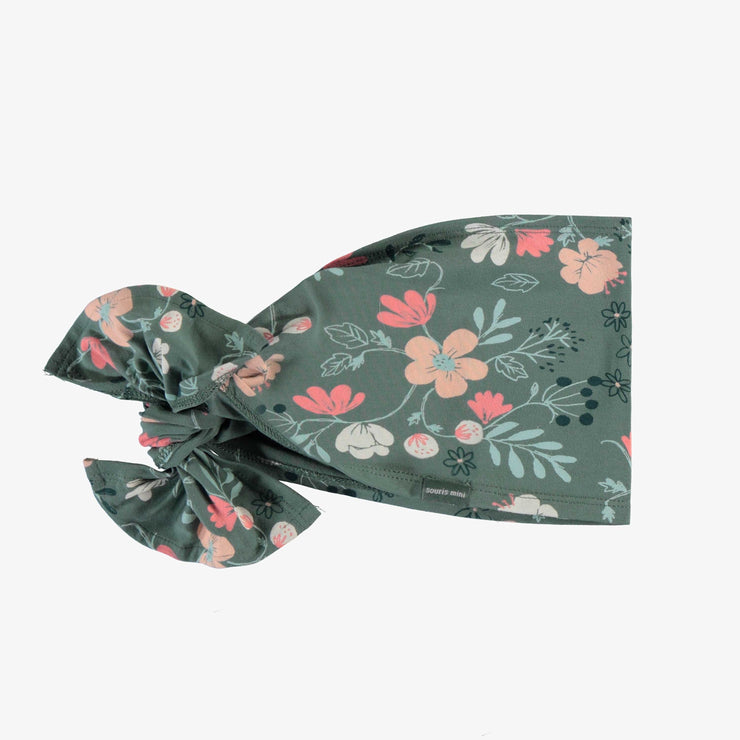 Bandeau noué vert fleuri en doux coton, enfant || Green floral knotted headband in soft cotton, child