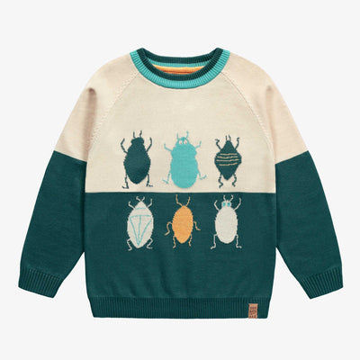 Chandail de maille à manches longue vert et crème à motif jacquard insecte, enfant || Long sleeves knitted sweater in green and cream with insect jacquard pattern, child