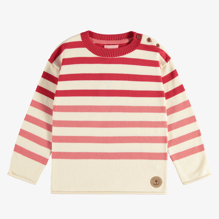 Chandail de maille à manches longues avec rayures crème, rose et rouge, enfant || Cream, pink and red striped long sleeves knit sweater, child