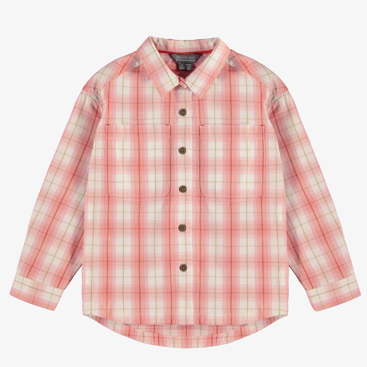 Chemise rose et crème à carreaux en sergé brossé, enfant || Pink and cream plaid shirt in brushed twill, child