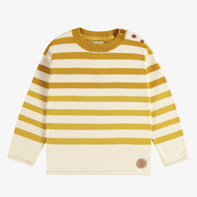 Chandail de maille à manches longues avec rayures crème, jaune et ocre, enfant || Cream, yellow and ochre striped long sleeves knit sweater, child