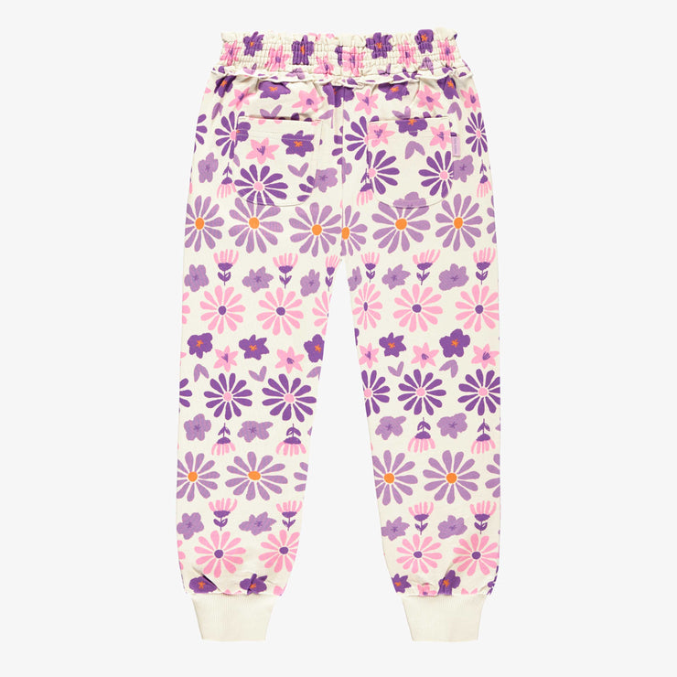 Pantalon crème fleuri mauve en coton français, enfant || Cream pants with purple floral print in French terry, child