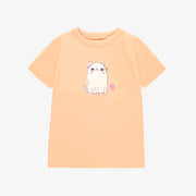 T-shirt à manches courtes de coupe ajustée pêche avec illustration, enfant || Peach short sleeves slim fit T-shirt with print, child