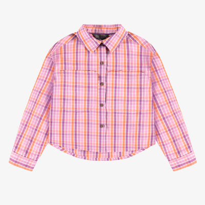 Chemise mauve et pêche à carreaux en popeline de coton, enfant || Cotton poplin purple and peach plaid shirt, child