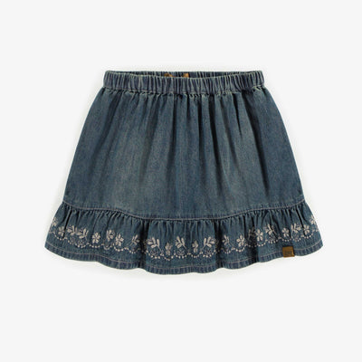 Jupe courte en denim léger, bleu moyen, enfant || Light denim short skirt with flower embroidery, child