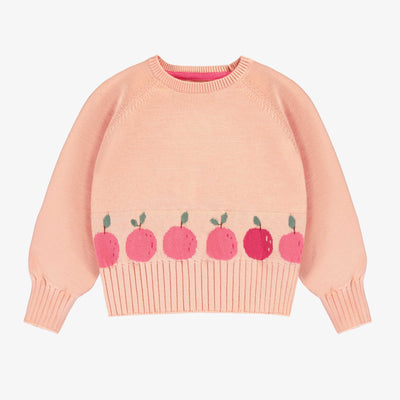 Chandail de maille manches longues pêche motif jacquard fruité, Enfant || Peach long sleeve knitted sweater fruity jacquard pattern, Child