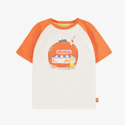 T-shirt à manches courtes crème et orange avec illustration, enfant || Cream and orange short sleeves t-shirt with print, child
