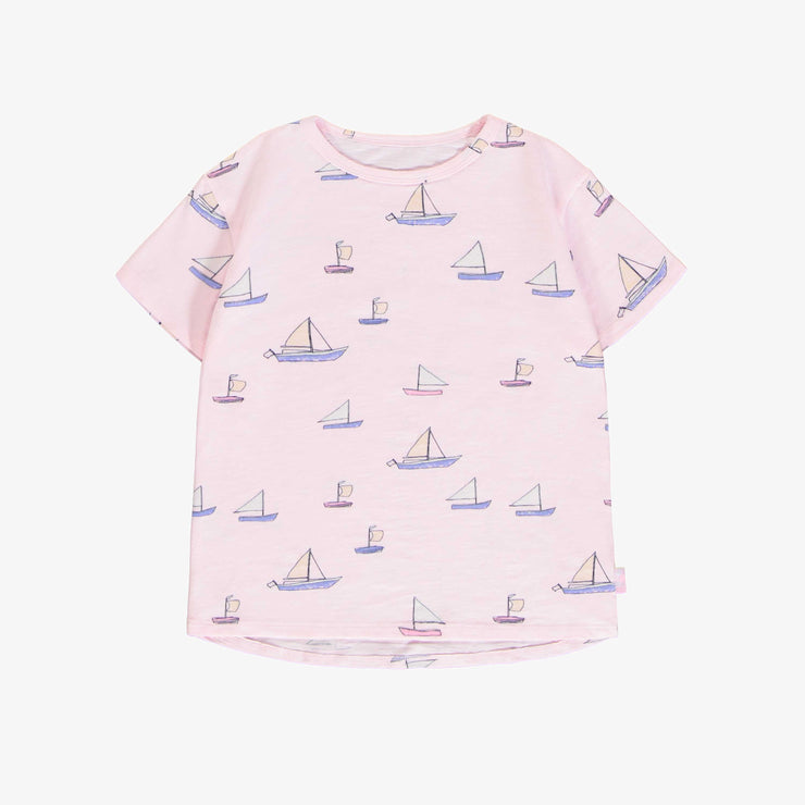 T-shirt à manches courtes rose pâle à motif de voiliers, enfant || Light pink short sleeves t-shirt with sailboat print, child