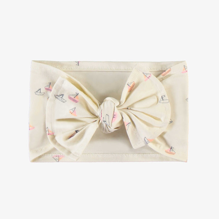 Bandeau crème à nouer avec motif de voiliers roses, enfant || Cream headband to knot with pink sailboat print, child