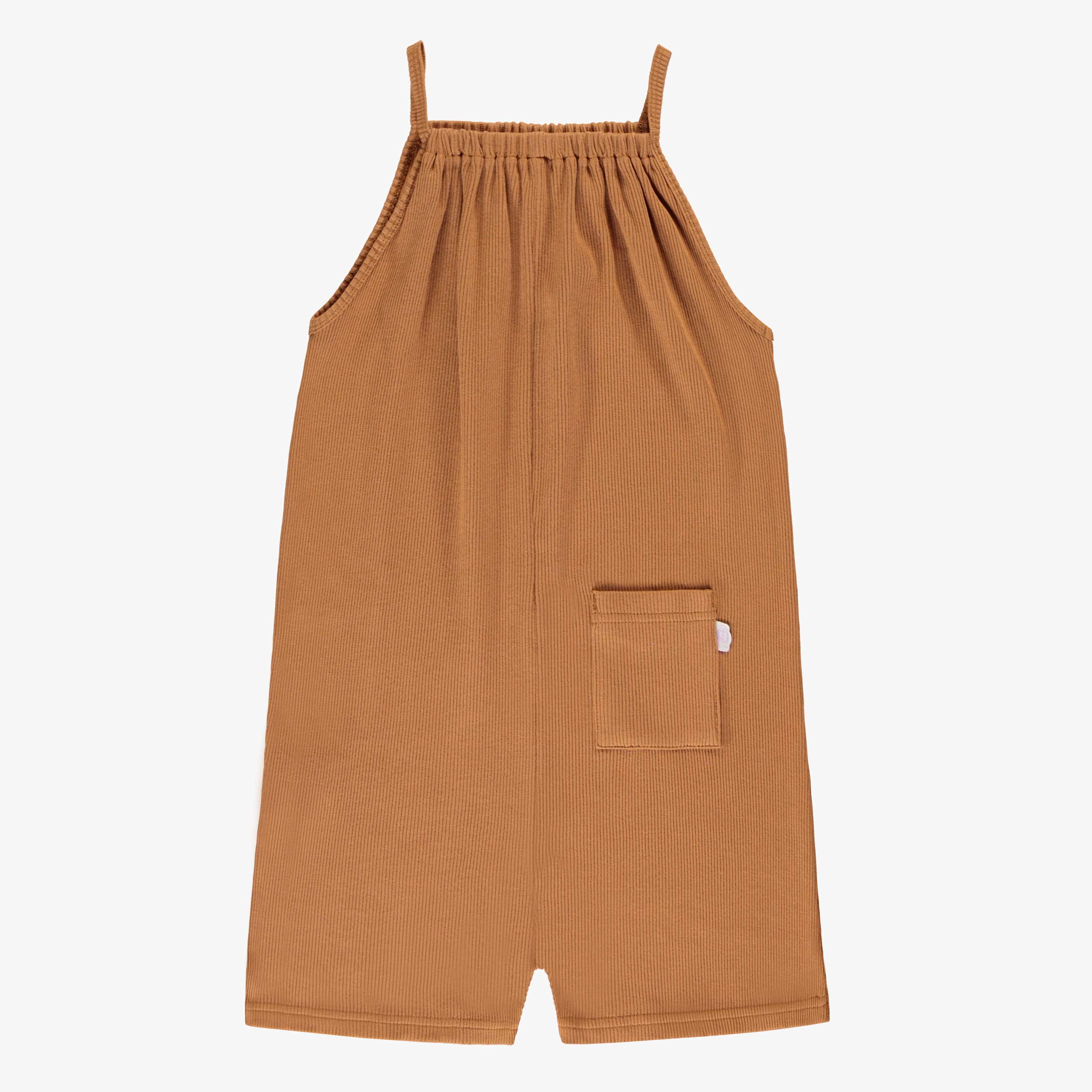 Dos du une-pièce court caramel à bretelles minces en tricot côtelé, enfant