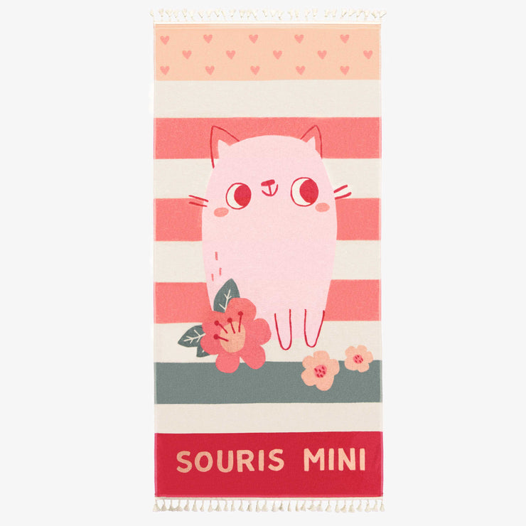 Serviette de plage rose avec une illustration de chaton en ratine, enfant || Pink beach towel with a kitten illustration in terry, child