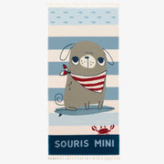 Serviette de plage bleu avec une illustration de chien en ratine, enfant || Blue beach towel with a dog illustration in terry, child