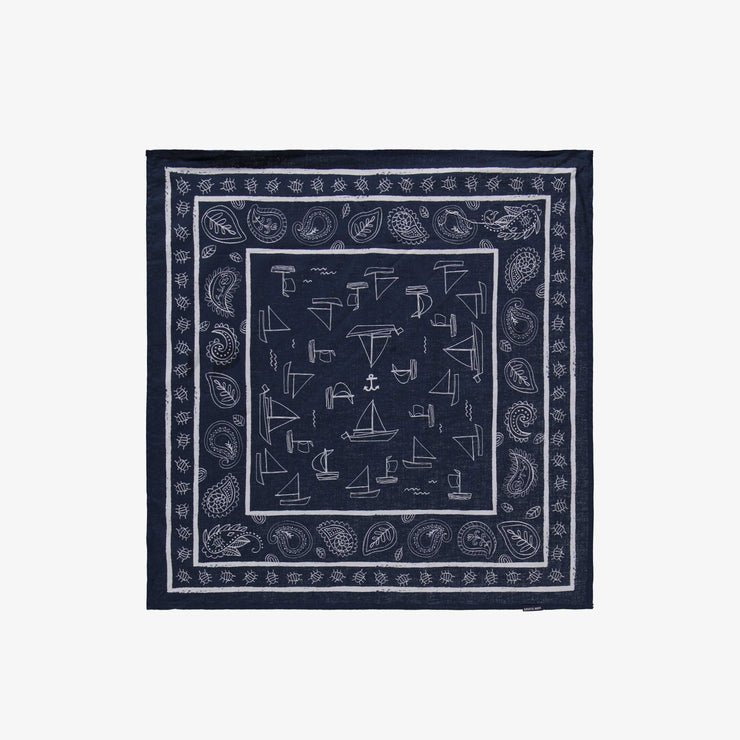 Foulard bleu foncé aux motifs marins en coton, enfant || Dark blue cotton scarf with marin prints, child