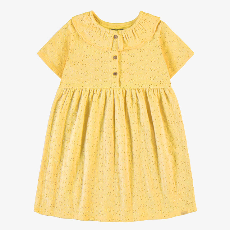 Robe jaune en broderie anglaise à fleurs ajourées en jersey extensible, enfant || Yellow dress in broderie anglaise with openwork flowers in stretch jersey, child