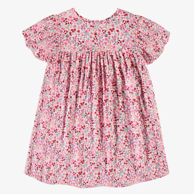 Robe évasée à manches courtes rose fleurie en viscose, enfant || Pink flowery dress with short sleeves in viscose, child