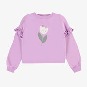 Chandail ample lilas avec motif de tulipe en coton français, enfant || Loose-fitting lilac sweater with tulip motif in french cotton, child