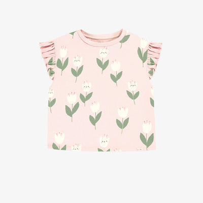 T-shirt ample rose à motifs de jolies tulipes en jersey extensible, enfant || Loose-fitting pink t-shirt with tulip all over print in stretch jersey, child