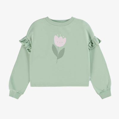 Chandail ample vert sauge avec motif de tulipe en coton français, enfant || Loose-fitting sage green sweater with tulip motif in french cotton, child Media 1 of 1