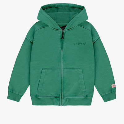 Chandail à capuchon et fermeture éclair vert en coton français, enfant || Green hooded sweater with zipper in French terry, child