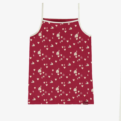 Camisole rouge à motif de cœurs crème en jersey extensible, enfant || Red camisole with cream hearts print in stretch jersey, child