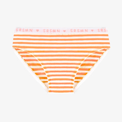 Culotte bikini à rayure tangerine et blanc en jersey, enfant || Tangerine and white bikini panties with stripes in jersey, child