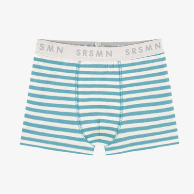 Boxer ajusté turquoise et blanc ligné en jersey, enfant || Turquoise and white fitted boxer with stripes in jersey, child
