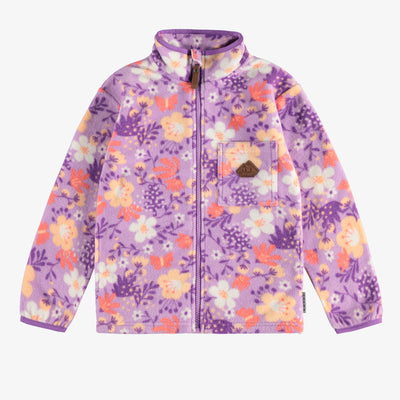 Veste de polar mauve fleurie avec col montant, enfant || Floral purple polar fleece vest with high collar, child