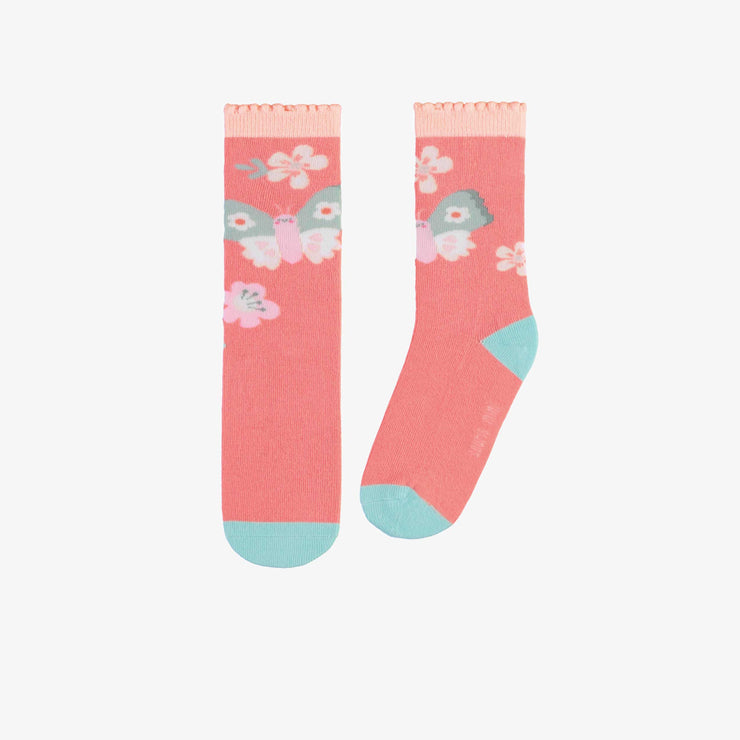 Chaussettes roses avec papillons et fleurs colorées, enfant || Pink socks with colorful butterfly and flowers, child