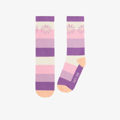 Chaussettes mauves et roses à rayures et fleurs, enfant || Purple and pink socks with stripes and flowers, child, 