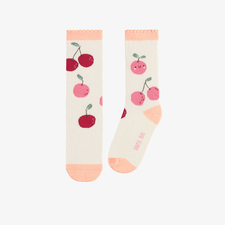 Chaussettes crème avec des cerises adorables roses, enfant || Cream socks with adorable pink cherries, child