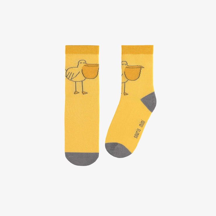 Chaussettes jaunes avec un drôle de pélican, enfant || Yellow socks with a funny pelican, child
