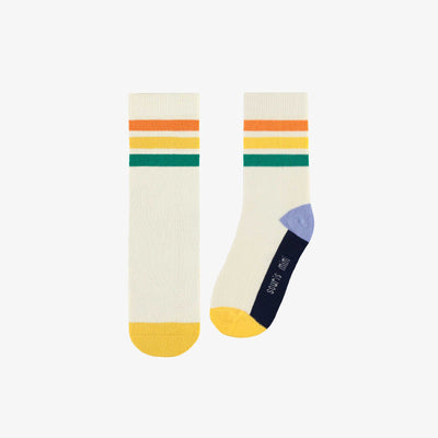 Chaussettes blanches avec des blocs de couleur jaune, bleu et vert, enfant || White socks with yellow, blue and green color blocks, child