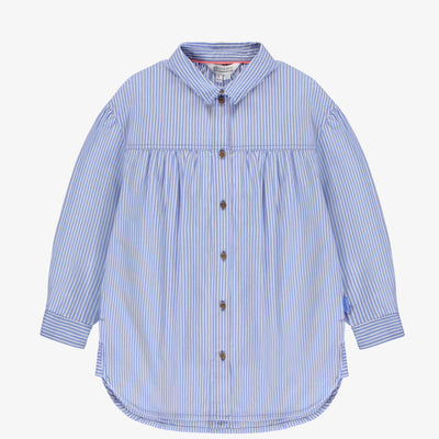 Robe chemise blanche et bleu lignée à manches longues en coton léger, enfant || White and blue striped shirt dress with long sleeves in soft cotton, child