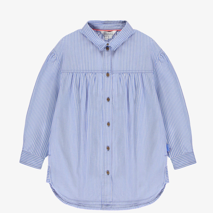 Robe chemise blanche et bleu lignée à manches longues en coton léger, enfant || White and blue striped shirt dress with long sleeves in soft cotton, child