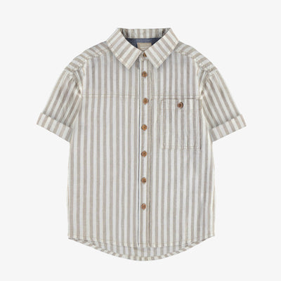 Chemise blanche et beige lignée à manches courtes en coton léger, enfant || White and beige striped shirt with short sleeves in soft cotton, child