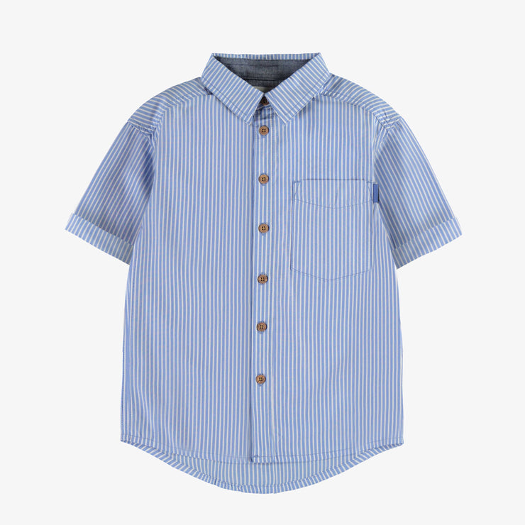 Chemise blanche et bleu lignée à manches courtes en coton léger, enfant || White and blue striped shirt with short sleeves in soft cotton, child