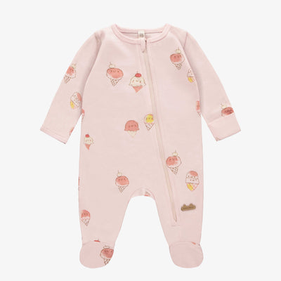 Pyjama rose pâle avec motif de crèmes glacées en coton biologique, naissance || Light pink pajama with ice cream print in organic cotton, newborn