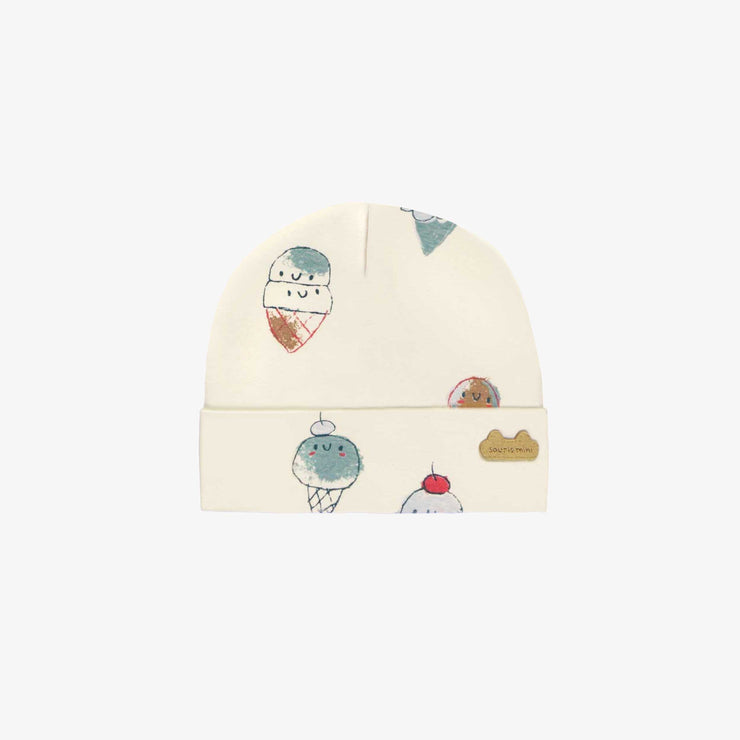 Bonnet crème avec motif  de crème glacées en coton biologique, naissance || Cream hat with print in organic cotton, Newborn