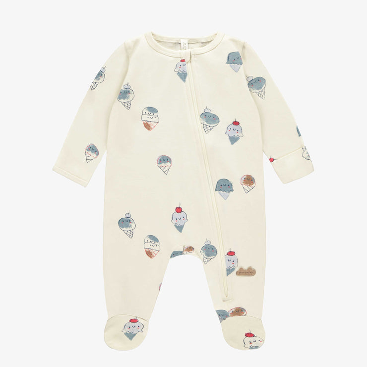 Pyjama crème avec motif de crème glacées en coton biologique, naissance || Cream pajama with ice cream print in organic cotton, newborn