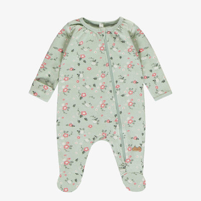 Pyjama vert clair fleuri en jersey biologique, naissance || Light green floral pajama in organic jersey, newborn