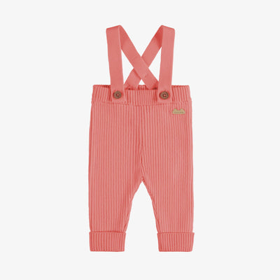 Pantalon de maille côtelée avec bretelles amovibles corail, naissance || Rib knit pants with removable straps coral, newborn