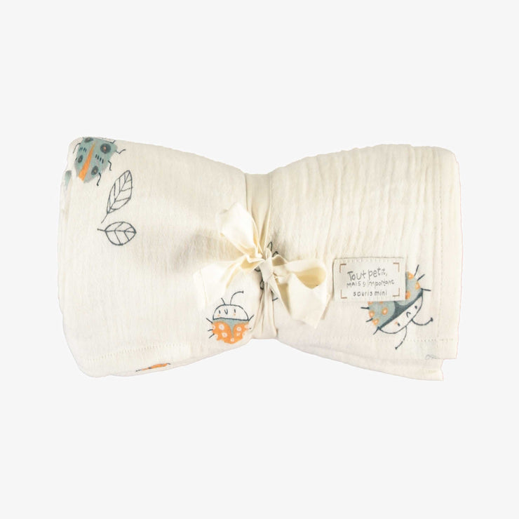 Couverture crème à motif en mousseline, naissance || Cream blanket with pattern in muslin, newborn
