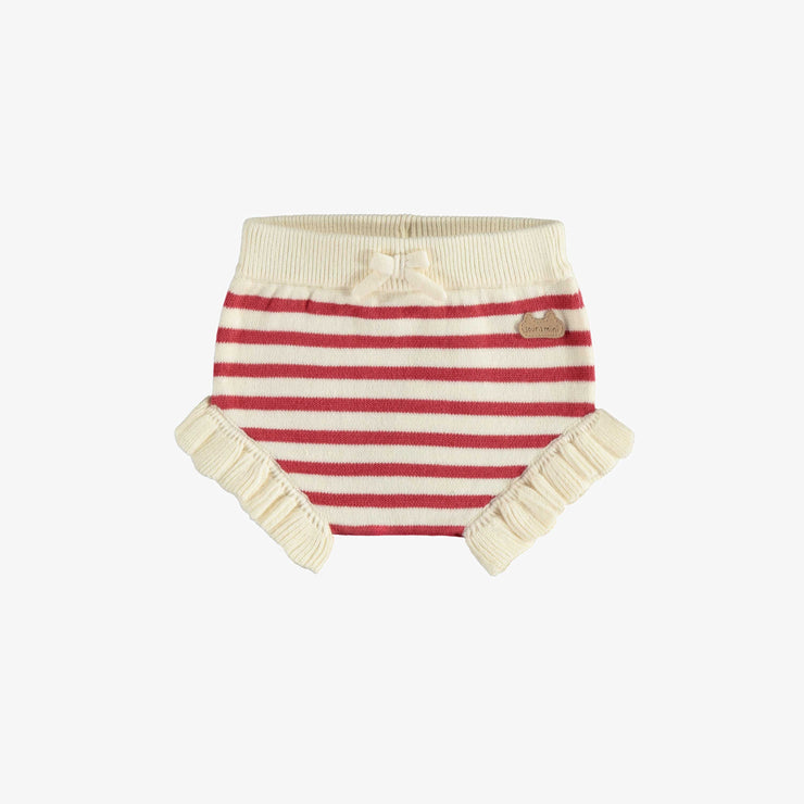 Short de maille avec volants à rayure crème et rouge, naissance || Cream and red stripes knitted short with ruffles, newborn