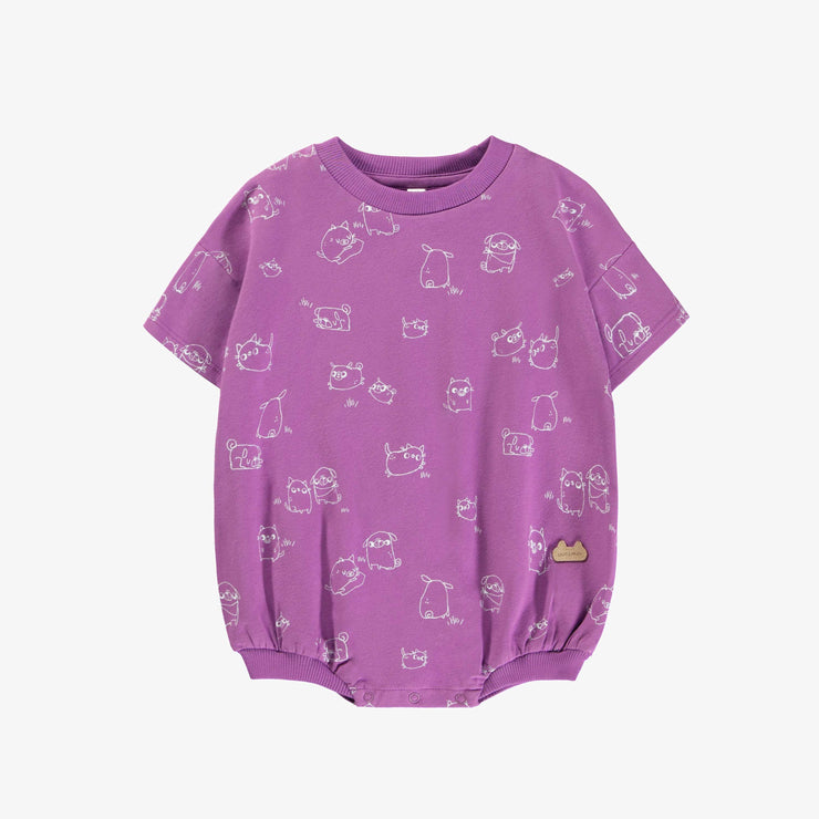 Une pièce en jersey extensible coupe ballon mauve motif de chiens, naissance || Purple one piece balloon shape with dog print in stretch jersey , newborn