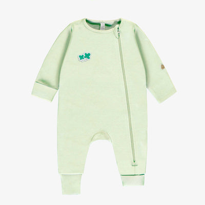 Pyjama à manches longues vert et crème à rayures en coton biologique, naissance || Green and cream striped one-piece pajama with long sleeves, newborn